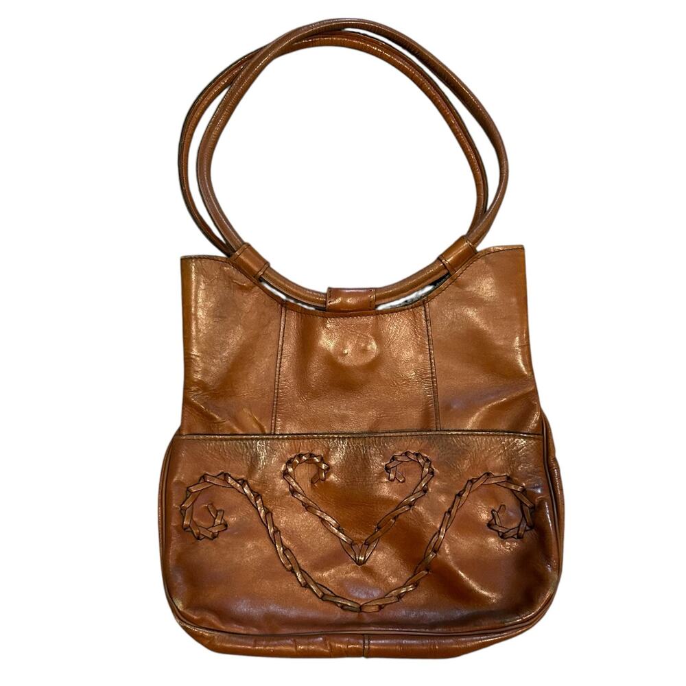 Vintage 80s Cognac Leather Hobo Shoulder Bag Whipstitch Heart Embroidery - Picture 2 of 16